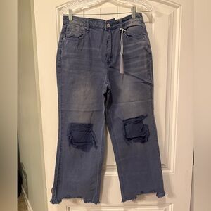 ZENNA Trendy Distressed Cropped Jeans in Washed Blue